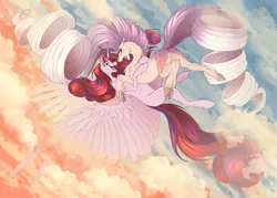 Size: 1600x1143 | Tagged: safe, artist:sunny way, derpibooru import, princess cadance, oc, oc:bleeding heart, oc:sumac spirit, alicorn, pony, unicorn, art, artwork, cloud, digital art, duo, falling, feather, female, feral, flying, g4, happy, horn, image, large wings, long hair, mare, my little pony, open mouth, png, reward, scary, sky, smiling, wings