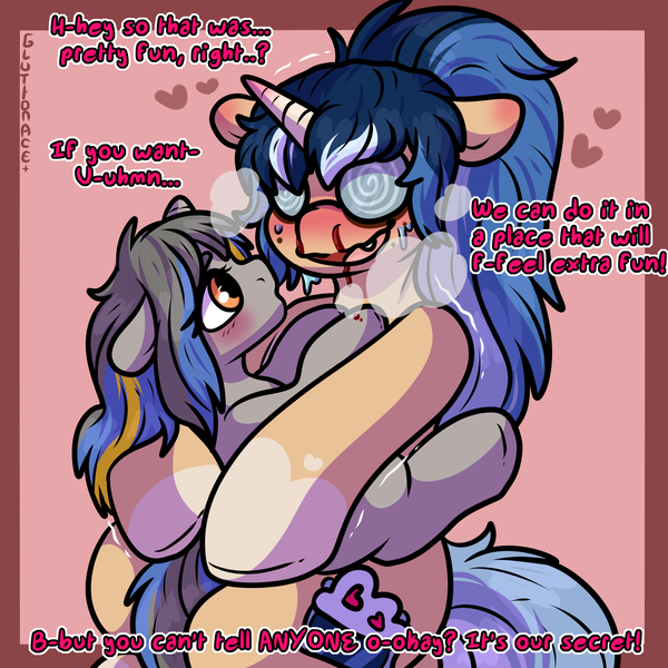 Size: 2000x2000 | Tagged: questionable, artist:sexygoatgod, derpibooru import, oc, oc:depraved daydream, unofficial characters only, pony, unicorn, age difference, asking for it, blood, cuddling, duo, female, filly, foal, glasses, horn, image, implied foalcon, implied underage, mare, neet, nosebleed, png, swirly glasses