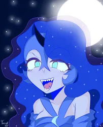 Size: 935x1150 | Tagged: safe, artist:trash-art06, derpibooru import, princess luna, equestria girls, bust, fangs, female, full moon, g4, helmet, horn, horned humanization, image, jpeg, moon, no pupils, open mouth, smiling, solo, teeth