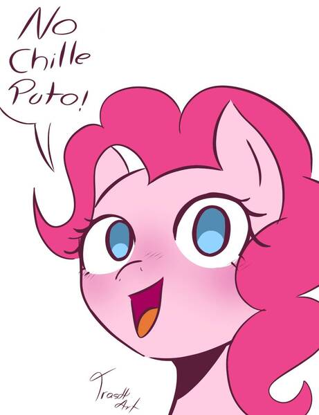 Size: 1182x1540 | Tagged: safe, artist:trash-art06, derpibooru import, pinkie pie, earth pony, pony, bust, female, g4, image, jpeg, looking at you, mare, no pupils, portrait, signature, simple background, smiling, smiling at you, solo, spanish, speech, speech bubble, talking, translated in the description, vulgar, white background