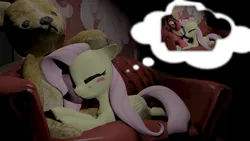 Size: 1280x720 | Tagged: safe, artist:supersonicbros23, big macintosh, fluttershy, earth pony, pegasus, pony, 3d, blushing, cuddling, dream, female, fluttermac, image, lying down, male, mare, png, shipping, sleeping, solo, stallion, straight, teddy bear, thought bubble