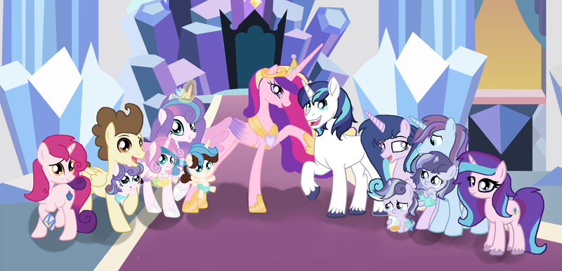 Size: 5304x2560 | Tagged: safe, artist:galaxynightsparkle, derpibooru import, pound cake, princess cadance, princess flurry heart, shining armor, oc, oc:amorena, oc:chaos star, oc:crystal heart, oc:garion heart, oc:hamaliel, oc:night armor, oc:sky shine, oc:star heart, oc:swirl heart, alicorn, pegasus, pony, unicorn, baby, baby pony, colt, father and child, father and daughter, father and son, female, filly, foal, g4, horn, husband and wife, image, male, mare, mother and child, mother and daughter, mother and son, offspring, offspring shipping, offspring's offspring, older, older flurry heart, older pound cake, older princess cadance, older shining armor, parent:pound cake, parent:princess cadance, parent:princess flurry heart, parent:shining armor, parents:poundflurry, parents:shiningcadance, png, ship:poundflurry, ship:shiningcadance, shipping, stallion, straight, triplets