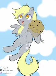 Size: 1182x1609 | Tagged: safe, artist:trash-art06, derpibooru import, derpy hooves, pegasus, pony, cloud, female, flying, food, holding, image, jpeg, mare, meta, muffin, open mouth, signature, sky, smiling, solo, twitter