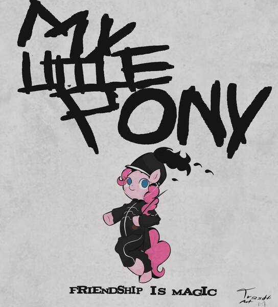 Size: 1417x1564 | Tagged: safe, artist:trash-art06, derpibooru import, pinkie pie, ponified, earth pony, pony, album cover, bipedal, cane, clothes, female, helmet, image, jpeg, marching band uniform, mare, my chemical romance, ponified album cover, signature, solo, text, the black parade, uniform