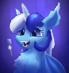 Size: 1866x1976 | Tagged: safe, artist:gosha305, derpibooru import, minuette, alicorn, bat pony, bat pony alicorn, pony, bat ponified, bat wings, blue background, bust, chest fluff, cute, ear fluff, fangs, female, fluffy, folded wings, glow, glowing horn, horn, image, levitation, looking at you, magic, mare, open mouth, open smile, png, portrait, race swap, simple background, slit pupils, smiling, smiling at you, solo, teeth, telekinesis, toothbrush, wings