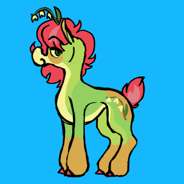 Size: 2048x2048 | Tagged: safe, artist:tamponropeburn, derpibooru import, oc, oc:carrot (friendlyfloaty), unofficial characters only, earth pony, pony, artfight, blue background, concave belly, countershading, flower, full body, green coat, image, jpeg, red mane, red tail, short tail, simple background, smiling, solo, standing, tail, yellow coat