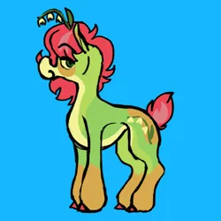 Size: 2048x2048 | Tagged: safe, artist:tamponropeburn, derpibooru import, oc, oc:carrot (friendlyfloaty), unofficial characters only, earth pony, pony, artfight, blue background, concave belly, countershading, flower, full body, green coat, image, jpeg, red mane, red tail, short tail, simple background, smiling, solo, standing, tail, yellow coat