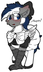 Size: 598x1000 | Tagged: safe, artist:skylarpalette, derpibooru import, oc, oc:blitz streak, unofficial characters only, hippogriff, pony, adorable face, blushing, bow, cheek fluff, clothes, crossdressing, crossed legs, cute, ear fluff, hair bow, image, looking back, maid, male, png, shoes, skirt, socks, stallion, stockings, talking, talons, thigh highs, wings