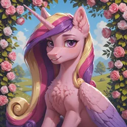 Size: 1536x1536 | Tagged: safe, ai content, anonymous prompter, derpibooru import, machine learning generated, stable diffusion, princess cadance, chest fluff, ear fluff, flower, g4, generator:pony diffusion v6 xl, image, looking at you, png, rose, sitting, smiling, smiling at you