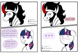 Size: 1413x979 | Tagged: safe, artist:trash-art06, derpibooru import, king sombra, twilight sparkle, pony, blushing, comic, embarrassed, female, image, jpeg, male, no pupils, open mouth, ship:twibra, shipping, simple background, smiling, spanish, straight, translated in the description, white background