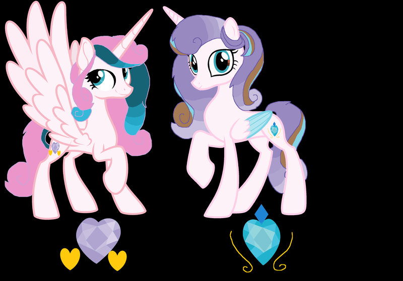 Size: 7616x5320 | Tagged: safe, artist:galaxynightsparkle, derpibooru import, oc, oc:crystal heart, oc:garion heart, unofficial characters only, alicorn, pony, absurd resolution, alicorn oc, base used, black background, colored wings, duo, duo female, female, horn, image, looking at you, mare, offspring, parent:pound cake, parent:princess flurry heart, parents:poundflurry, png, raised hoof, siblings, simple background, sisters, smiling, smiling at you, twins, wings