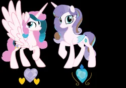 Size: 7616x5320 | Tagged: safe, artist:galaxynightsparkle, derpibooru import, oc, oc:crystal heart, oc:garion heart, unofficial characters only, alicorn, pony, absurd resolution, alicorn oc, base used, black background, colored wings, duo, duo female, female, horn, image, looking at you, mare, offspring, parent:pound cake, parent:princess flurry heart, parents:poundflurry, png, raised hoof, siblings, simple background, sisters, smiling, smiling at you, twins, wings