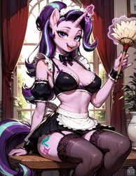 Size: 1664x2144 | Tagged: suggestive, ai content, derpibooru import, machine learning generated, stable diffusion, starlight glimmer, anthro, unicorn, clothes, horn, image, maid, png, prompter:neondash, socks, stockings, thigh highs, window