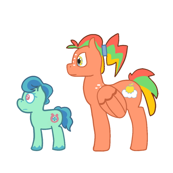 Size: 1280x1280 | Tagged: safe, derpibooru import, oc, oc:criss cross, oc:fortune, unofficial characters only, earth pony, pegasus, pony, female, foal, image, magical lesbian spawn, mare, next generation, offspring, parent:applejack, parent:marble pie, parent:rainbow dash, parent:trouble shoes, parent:troubleshoes clyde, parents:appledash, parents:marbleshoes, png, redesign, reference sheet, simple background, white background
