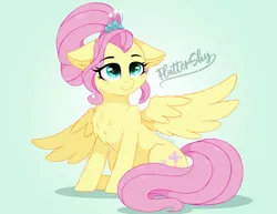 Size: 3840x2970 | Tagged: safe, artist:emyart18, derpibooru import, fluttershy, pegasus, pony, female, gradient background, high res, image, jpeg, mare, older, older fluttershy, sitting, solo, spread wings, wings