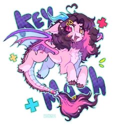 Size: 850x925 | Tagged: safe, artist:flixanoa, derpibooru import, oc, oc:key mash, dragon, pony, angry, bat wings, chest fluff, claws, commission, ear fluff, female, heterochromia, horns, image, mare, pink, png, silly bandz, solo, sparkles, spread wings, text, transparent wings, wings