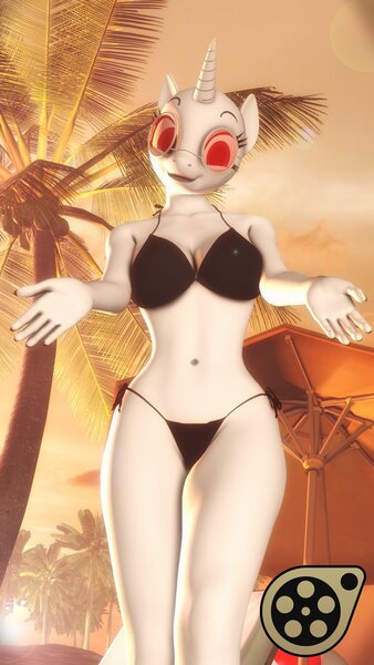 Size: 1080x1920 | Tagged: suggestive, artist:artempredator, derpibooru import, anthro, plantigrade anthro, 3d, afternoon, belly button, bikini, bikini bottom, bikini top, breasts, cleavage, clothes, commission, fingernails, image, jpeg, legs, midriff, nail polish, nails, outdoors, palm tree, parasol (umbrella), solo, string bikini, sunglasses, swimsuit, tree, ych example, your character here