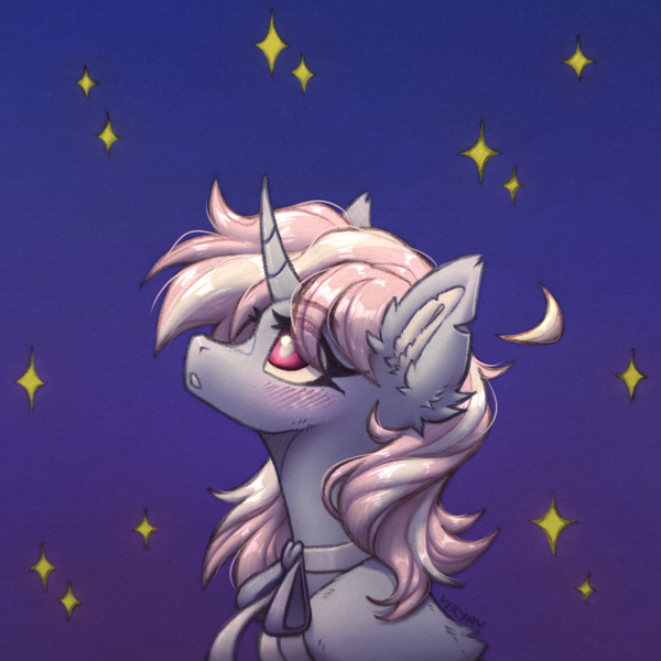 Size: 2982x2980 | Tagged: safe, artist:viryav, derpibooru import, oc, unofficial characters only, pony, unicorn, blushing, bow, bowtie, cute, dark background, excited, female, fluffy, freckles, horn, image, mare, night, png, scar, simple background, sketch, solo, stars, surprised, surprised face, traditional art