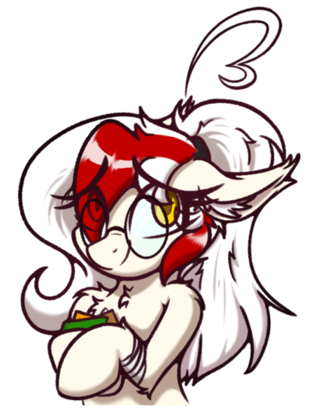 Size: 604x789 | Tagged: safe, artist:aryn, derpibooru import, oc, oc:awya lightfeather, unofficial characters only, pegasus, pony, ahoge, alternate hairstyle, bandage, book, female, glasses, half body, image, looking at you, mare, nerd, pegasus oc, png, ponytail, solo, two toned mane, wings