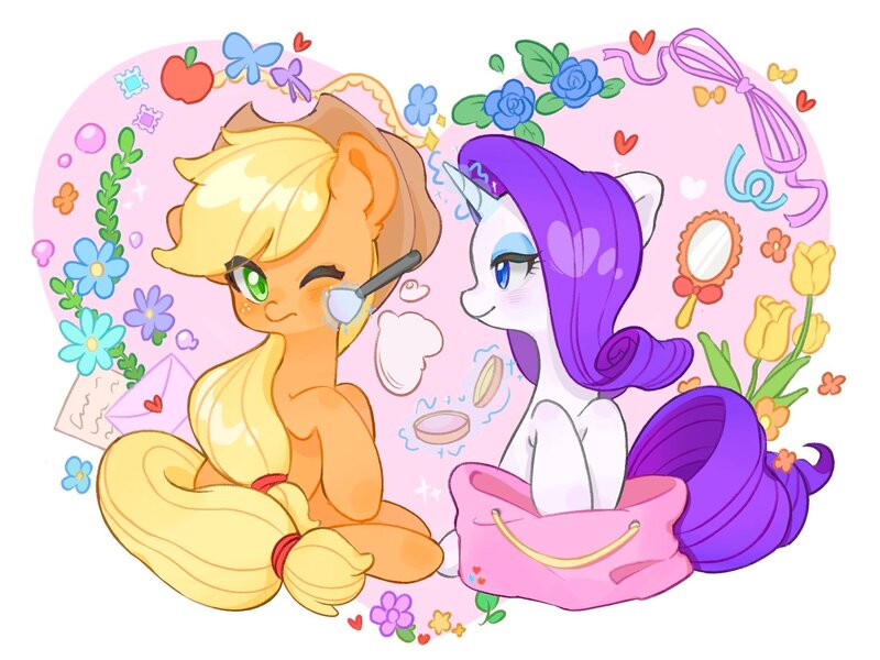 Size: 1890x1417 | Tagged: safe, artist:chonpsk, derpibooru import, applejack, rarity, earth pony, pony, unicorn, applejack's hat, applying makeup, bag, blushing, cowboy hat, duo, duo female, female, flower, freckles, g4, hat, heart, horn, image, jpeg, lesbian, letter, looking at each other, looking at someone, love letter, magic, makeup, makeup brush, mare, mirror, rarijack, shipping, sitting, telekinesis