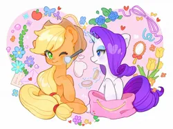 Size: 1890x1417 | Tagged: safe, artist:chonpsk, derpibooru import, applejack, rarity, earth pony, pony, unicorn, applejack's hat, applying makeup, bag, blushing, cowboy hat, duo, duo female, female, flower, freckles, g4, hat, heart, horn, image, jpeg, lesbian, letter, looking at each other, looking at someone, love letter, magic, makeup, makeup brush, mare, mirror, rarijack, shipping, sitting, telekinesis