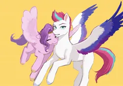 Size: 2048x1431 | Tagged: safe, artist:qhsg3, derpibooru import, pipp petals, zipp storm, pegasus, pony, g5, eyes closed, female, image, jpeg, looking at you, nuzzling, royal sisters (g5), siblings, simple background, sisters, spread wings, wings, yellow background