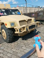 Size: 3072x4080 | Tagged: safe, derpibooru import, oc, oc:hellfire, pegasus, pony, american flag, australia, car, flag, image, irl, jpeg, military, moscow, photo, plushie, truck