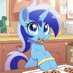Size: 1024x1024 | Tagged: prompter needed, safe, ai content, derpibooru import, machine learning generated, novelai, stable diffusion, minuette, pony, unicorn, bound, cookie, cute, female, food, g4, hnnng, hooves on the table, hooves together, horn, image, indoors, kitchen, looking at you, mare, minubetes, mouth hold, png, smiling, smiling at you, solo, window