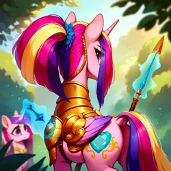Size: 1024x1024 | Tagged: prompter needed, safe, ai content, princess cadance, armor, clone, from behind, image, levitation, looking at you, magic, multicolored mane, png, spear, telekinesis, weapon