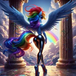Size: 1024x1024 | Tagged: suggestive, ai content, derpibooru import, machine learning generated, rainbow dash, ass, back, butt, clothes, cloud, column, generator:dall-e 3, high heels, image, jpeg, latex, pants, partial nudity, pillar, platform heels, rainbow, shoes, solo, spread wings, the ass was fat, thick, topless, wings