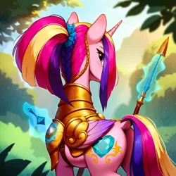 Size: 1024x1024 | Tagged: prompter needed, safe, ai content, princess cadance, armor, from behind, image, looking back, png, spear, weapon