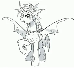 Size: 4096x3739 | Tagged: safe, artist:opalacorn, derpibooru import, shining armor, changeling, pony, black and white, curved horn, false shining au, fangs, grayscale, horn, image, jpeg, male, monochrome, simple background, solo, spread wings, stallion, white background, wings