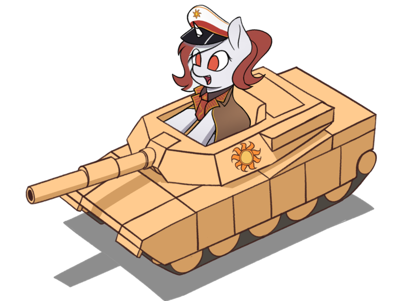 Size: 2800x2100 | Tagged: safe, artist:zeroonesunray, derpibooru import, oc, oc:red rocket, pony, equestria at war mod, army tank, cap, cardboard, commission, female, filly, foal, happy, hat, image, m1 abrams, png, solar empire, ych result, your character here