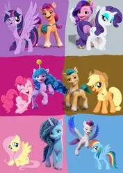 Size: 1240x1754 | Tagged: artist needed, safe, derpibooru import, applejack, fluttershy, hitch trailblazer, izzy moonbow, pinkie pie, pipp petals, rainbow dash, rarity, sunny starscout, twilight sparkle, zipp storm, alicorn, earth pony, pegasus, pony, unicorn, g5, my little pony: a new generation, 40th anniversary, applejack (g5), bag, ball, blaze (coat marking), blue background, bracelet, braid, brown background, coat markings, conceited, facial markings, female, fluttershy (g5), flying, frown, g4, gray background, hitch and his 2nd heroine, hooves, horn, image, izzy and her heroine, izzy's tennis ball, jewelry, jumping, looking at each other, looking at someone, mane five, mane six, mane six (g5), misty and her heroine, misty brightdawn, movie accurate, open mouth, open smile, pink background, pinkie pie (g5), pipp and her heroine, png, purple background, rainbow dash (g5), rarity (g5), shy, simple background, sitting, smiling, smiling at each other, smirk, socks (coat marking), spread wings, standing, sunny and her heroine, tennis ball, twilight sparkle (g5), walking, wings, zipp and her heroine