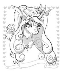 Size: 2814x3209 | Tagged: safe, artist:opalacorn, derpibooru import, princess flurry heart, alicorn, changeling, changepony, hybrid, pony, alternate universe, black and white, bust, curved horn, ear piercing, earring, eye clipping through hair, eyebrows, eyebrows visible through hair, false shining au, female, g4, grayscale, horn, image, jewelry, jpeg, mare, monochrome, necklace, older, older flurry heart, piercing, regalia, sketch, solo, species swap