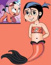 Size: 717x904 | Tagged: safe, artist:ocean lover, derpibooru import, thestra, human, mermaid, pony, spoiler:comic, spoiler:comicff28, arm behind back, bandeau, bare shoulders, bashful, belly, belly button, black hair, child, clothes, cute, cutie mark, cutie mark on clothes, female, filly, fins, fish tail, foal, human coloration, humanized, image, innocent, light skin, mermaid tail, mermaidized, mermay, midriff, ms paint, png, ponytail, red background, reference, simple background, sleeveless, smiling, species swap, tail, tail fin