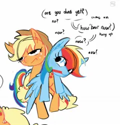 Size: 1220x1270 | Tagged: safe, artist:appledash3r_, derpibooru import, applejack, rainbow dash, earth pony, pegasus, pony, appledash, applejack is not amused, applejack's hat, blonde mane, blonde tail, blue coat, colored, colored sketch, cowboy hat, dialogue, duo, ear fluff, eye clipping through hair, eyebrows, eyebrows visible through hair, eyelashes, female, flat colors, freckles, frown, g4, hat, image, impatient, jpeg, lesbian, lidded eyes, long mane, long tail, looking at someone, mare, multicolored hair, multicolored mane, multicolored tail, narrowed eyes, no catchlights, open mouth, orange coat, ponytail, rainbow hair, rainbow tail, shipping, simple background, sketch, speech bubble, standing, tail, talking, text, tied mane, tied tail, unamused, white background, wings, wings down