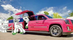 Size: 4096x2276 | Tagged: safe, artist:opalacorn, derpibooru import, oc, oc:void, unofficial characters only, alicorn, earth pony, pegasus, pony, cadillac, camera, car, clothes, crocs, female, image, jpeg, limousine, male, mare, shoes, stallion, sunglasses, suv, vehicle