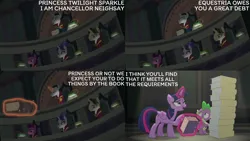 Size: 2000x1125 | Tagged: safe, derpibooru import, edit, edited screencap, editor:quoterific, screencap, chancellor neighsay, desert wind, pearl flare, spike, twilight sparkle, twilight sparkle (alicorn), alicorn, school daze, book, eea council, eea rulebook, g4, image, iron syllabus, las pegasus resident, png