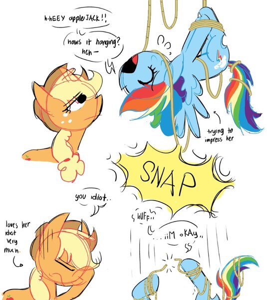 Size: 851x954 | Tagged: safe, artist:appledash3r_, derpibooru import, applejack, rainbow dash, earth pony, pegasus, pony, 2 panel comic, appledash, applejack's hat, blonde mane, blue coat, colored, colored sketch, comic, cowboy hat, dialogue, duo, duo female, emanata, eye clipping through hair, eyebrows, eyebrows visible through hair, eyelashes, eyes closed, facehoof, female, flat colors, freckles, frown, g4, hanging, hanging upside down, hat, image, jpeg, lesbian, lidded eyes, mare, multicolored hair, multicolored mane, multicolored tail, narrowed eyes, no catchlights, open mouth, orange coat, plewds, ponytail, rainbow hair, rainbow tail, rope, sheepish grin, shipping, simple background, sketch, speech bubble, stuck, tail, talking, text, tied mane, tied up, upside down, white background, you tried