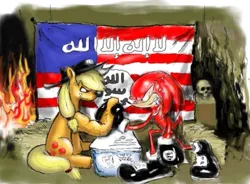 Size: 837x616 | Tagged: safe, artist:moonraiser2, derpibooru import, applejack, earth pony, echidna, pony, american flag, arabic, arm wrestling, crossover, duo, female, fire, flag, image, knuckles the echidna, male, mare, png, sonic the hedgehog (series)