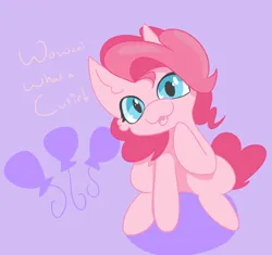 Size: 2460x2316 | Tagged: safe, artist:tkshoelace, derpibooru import, pinkie pie, earth pony, pony, g4, hoof on chin, image, looking at you, png, purple background, raised hoof, simple background, solo, text