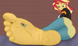 Size: 2000x1200 | Tagged: suggestive, artist:sctheriaultgts, derpibooru import, sunset shimmer, oc, oc:brandon, human, equestria girls, barefoot, brick wall, clothes, commission, feet, female, fetish, foot fetish, foot focus, g4, human oc, image, jacket, leather, leather jacket, looking down, male, micro, outdoors, pants, pinned, png, toes, ych result