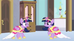 Size: 3175x1755 | Tagged: safe, artist:brightstar40k, derpibooru import, twilight sparkle, twilight sparkle (alicorn), alicorn, changeling, pony, base used, canterlot, clothes, coronation dress, disguise, disguised changeling, double, dress, duo, female, folded wings, g4, image, impostor, indoors, looking at each other, looking at someone, mare, open mouth, open smile, png, raised hoof, smiling, uh oh, wings, worried