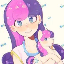 Size: 2248x2248 | Tagged: safe, artist:kekibon, derpibooru import, bon bon, sweetie drops, earth pony, human, pony, equestria girls, adorabon, blushing, clothes, cute, dress, female, g4, human ponidox, image, mare, open mouth, png, self paradox, self ponidox, smiling, solo