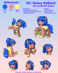 Size: 2000x2500 | Tagged: safe, artist:chen_ying, derpibooru import, oc, oc:heavy halbard, unofficial characters only, pony, unicorn, female, gradient background, guardsmare, horn, image, mare, png, reference sheet, royal guard, solo