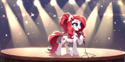Size: 2400x1200 | Tagged: safe, ai content, derpibooru import, machine learning generated, prompter:greesys, oc, earth pony, pony, image, microphone, png, scene, solo