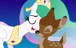 Size: 1125x710 | Tagged: safe, screencap, princess celestia, bambi, image, nuzzling, png, solo