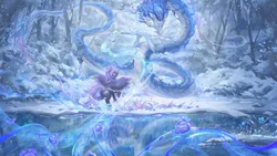 Size: 2880x1620 | Tagged: safe, artist:巧克力戰車, derpibooru import, oc, oc:moonlight flower, oc:starlight classic, unofficial characters only, dragon, pegasus, forest, image, nature, orchestra, png, snow, snowfall, tree, water, winter