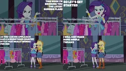Size: 2000x1125 | Tagged: safe, derpibooru import, edit, edited screencap, editor:quoterific, screencap, applejack, rarity, equestria girls, street chic, spoiler:eqg series (season 2), clothes rack, duo, duo female, female, g4, image, my little pony equestria girls: better together, png